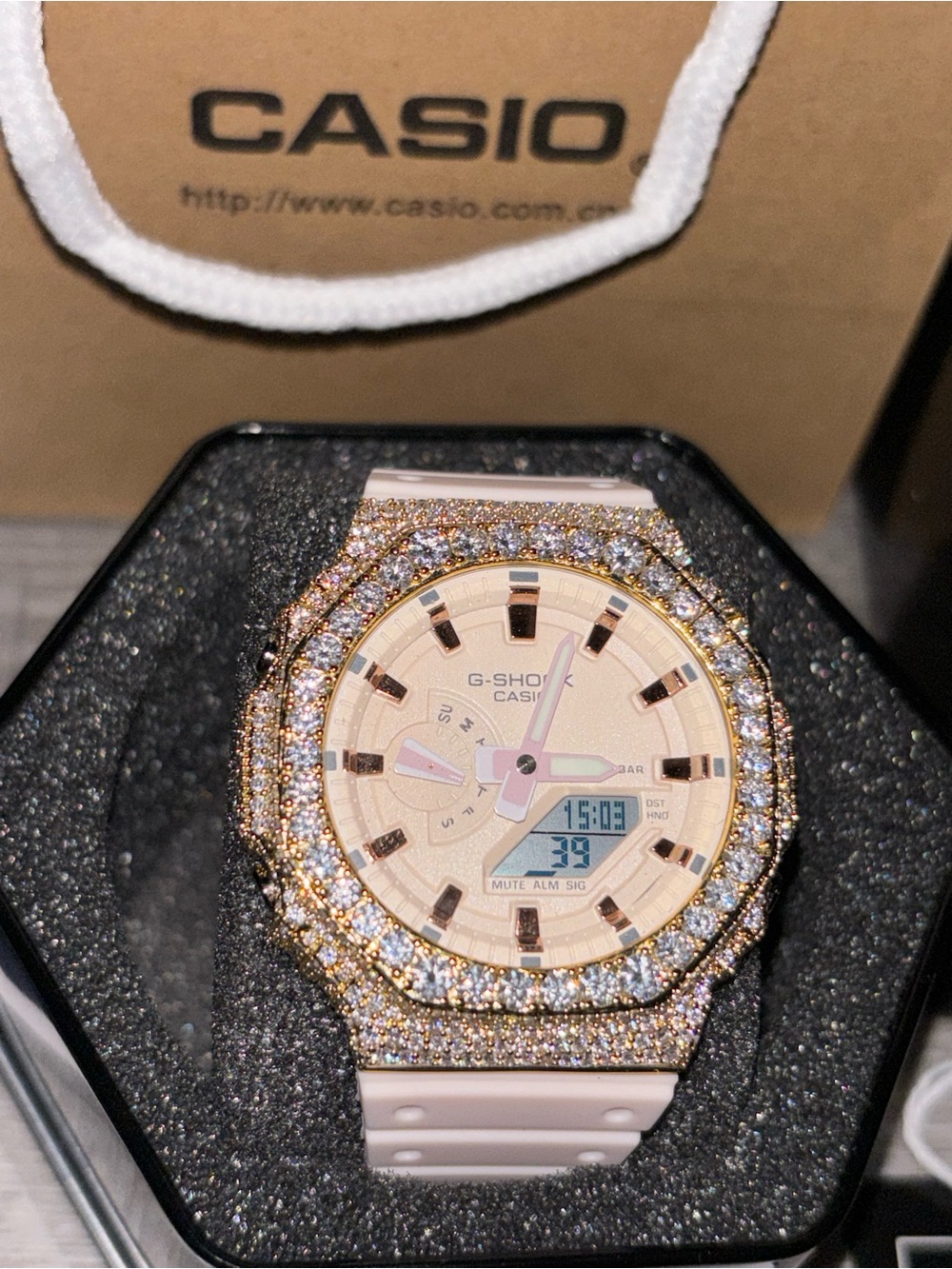 Custom G-Shock GA2100 Pink Beige Gold Dial VVS Moissanite Watch